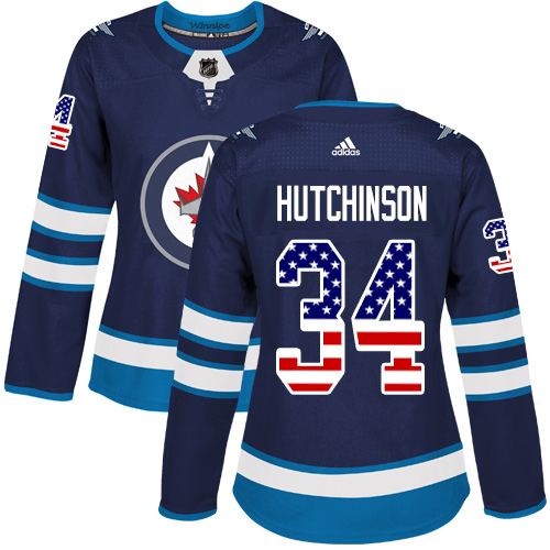Adidas Jets #34 Michael Hutchinson Navy Blue Home Authentic USA Flag Women's Stitched NHL Jersey - Click Image to Close